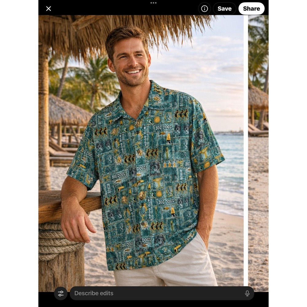 Big Dogs Mens Large Tiki Hawaiian Shirt Teal Rayon Hula Lava Lamp Camp S/S 90s